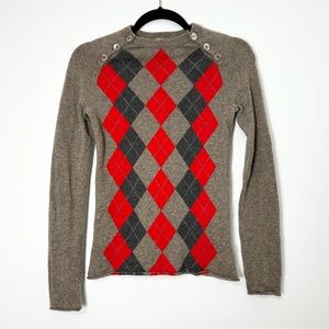 J. Crew 100% Cashmere Tan Brown Sweater with Red Black Diamond Accents Size XS